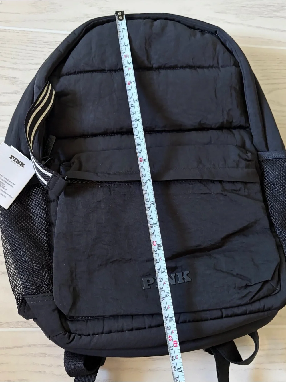 PINK Victoria's Secret Black Quilted Puffer Backpack with Stripe Accent